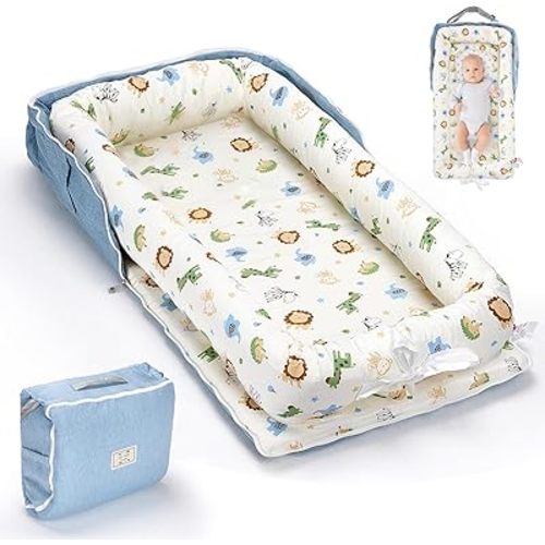 Baby Lounger for Newborn, Huggynest Portable Infant Lounger for 0-24 Months Newborn, Home Travel Dual-Purpose Baby Nest (Animal World Blue)
