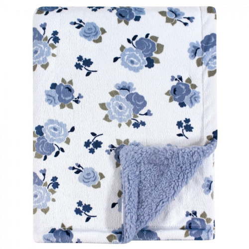 Luvable Friends Baby Girl Plush Blanket with Faux Shearling Back, Blue Floral, One Size