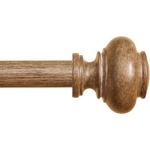 Wood Curtain Rods for Windows 48 to 84 Inch, 1 Inch Heavy Duty Curtain Rods with Imitation Wood Grain Finials, Boho Adjustable Drapery Rod, Decorative Farmhouse Rustic Single Window Curtains Rod