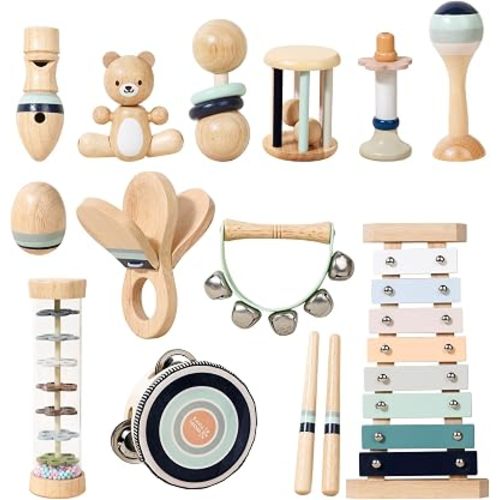 12 PCS Wooden Baby Musical Instruments Set, Montessori Style Sensory Percussion Toys for Toddlers 1-3, Non-Toxic Natural Wood Shakers & Rattles, Early Learning Educational Gift for Infant Boys Girls