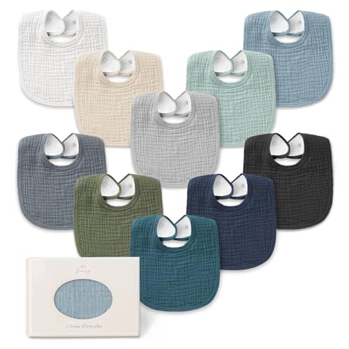 Konssy 10-Pack Muslin Baby Bibs, Soft Cotton Bandana Bibs for Drooling & Teething, Unisex Solid Colors for Boys & Girls, Newborn & Infant