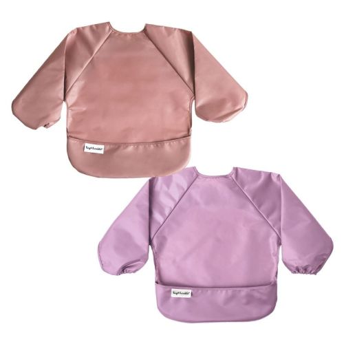 Tiny Twinkle Mess-Proof/Waterproof 2-Pack Long-Sleeve Baby Bib, Machine Washable Smock for Eating (Taupe Lilac, Small 6-24 Months)