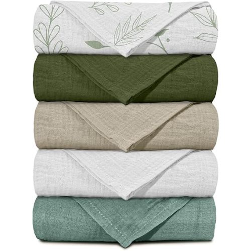 Muslin Receiving Blankets, Neutral Blanket Swaddling for Newborn Boys and Girls, 5 Pack Breathable and Skin-Friendly Swaddle Wrap for Infant Baby (Bright Leaves)