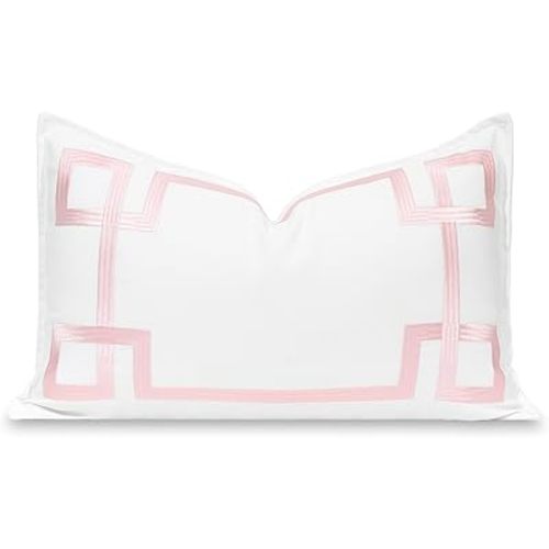 Hofdeco Premium Coastal Patio Indoor Outdoor Lumbar Pillow Cover Only, 12"x20" Water Repellent for Backyard, Couch, Blush Pink Embroidered Frame Greek Key