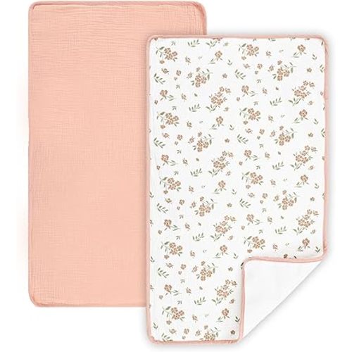Waterproof Portable Changing Pad 2 Pack, Muslin Cotton Baby Changing Mat Comfortable & Breathable, Foldable Diaper Changing Pad for Travel, Machine Washable, Flower & Pink