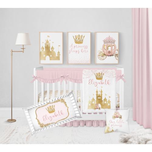 Princess Crib Bedding Set, Baby Girl Crib Bedding, Personalized Crib Bedding Girl, Princess Nursery Gold Pink Crib Bedding, Princess Blanket