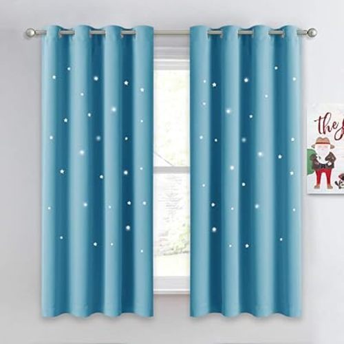 NICETOWN Twinkle Star Curtains for Baby - Kid Sky Wonder Star Cut Out Functional Room Darkening Curtains for Baby's Nursery, 52 by 63 inches, Teal Blue, 2 Pieces