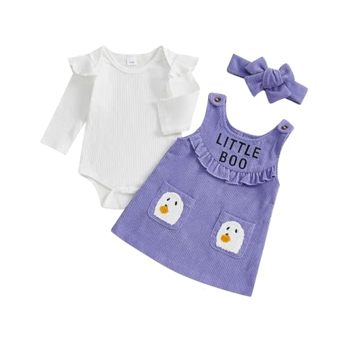 MoZiKQin Baby Girl Halloween Outfit Long Sleeve Ruffle Romper Ghost Embroidery Overall Dress Headband Cute Fall Clothes