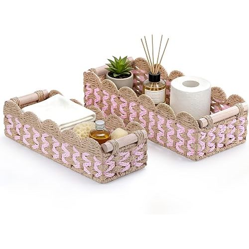 Set of 2 Paper Rope Scalloped Baskets with Wooden Handles