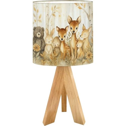 Tripod Table Lamp Woodland Nursery Decor Forest Animals Bear Fox Deer Nature Watercolor Bedside Lamps Small Lamp Nightstand Lamp with Linen Lampshade Table Lamps for Bedroom Livingroom Nursery