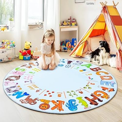 Kids Rugs for Playroom, 5'x5' Round Educational Rug for Learn the ABC Alphabet, Soft Machine Washable Non-Slip Cute Animal Carpet for Classroom Toddler Nursery Kids Room Decor Mat, Light Blue