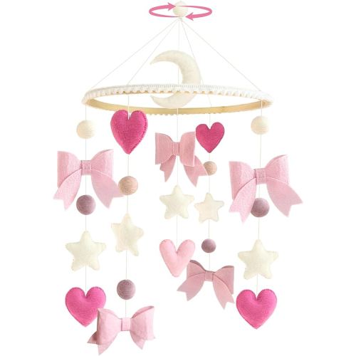 Baby Mobile for Crib Pink Bow Baby Crib Mobile for Girls Handmade Coquette Bow Nursery Decor for Infant Bedroom Hanging Pink Girls Room Decor for Bassinet Gender Reveal Newborn Gifts