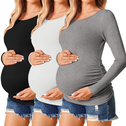 Ekouaer Womens Maternity Shirts Long Sleeve 3 Packs Pregnancy Tee Top Tunic Blouse Casual Mama Clothes S-XXL