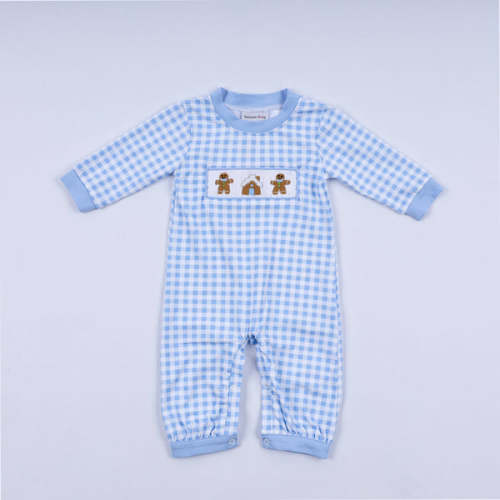 Blue gingerbread hand smocked gingham romper – HoneyBean