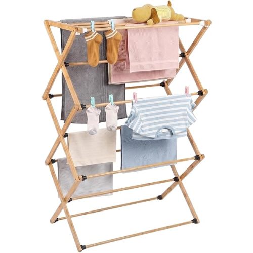 FJO Foldable Bamboo Clothes Drying Rack, 3-Tier Collapsible Laundry Clothes Hanger, Portable Wooden Drying Rack, Space Saving Indoor Outdoor, 28'' D x 15'' W x 39.3'' H, Beige