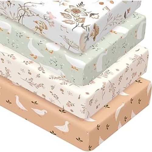 Peryiter 4 Pack Crib Sheets Girl Soft Baby Bed Sheet Set 52'' x 28" Nursery Crib Sheets for Standard Bed for Nursery Decor Baby Boys or Girls(Brown,Silly Goose)