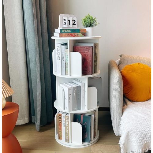 Heehee Wooden Rotating Bookshelf 360 Display Floor Standing Bookcase Storage Rack for Kids&Adults Multi-Functional Bookshelf Organizer (White (3-Tier))