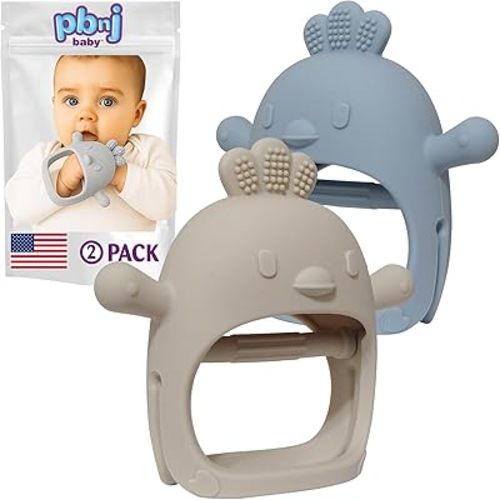 PBnJ Baby Teething Mittens for Babies 0-6 Months, 2 Pack Silicone Teething Mitten with 3 Textures & Crinkle Sound, BPA-Free Teether Glove for Teething Relief, Adjustable Baby Teething Toys 3-6 Months