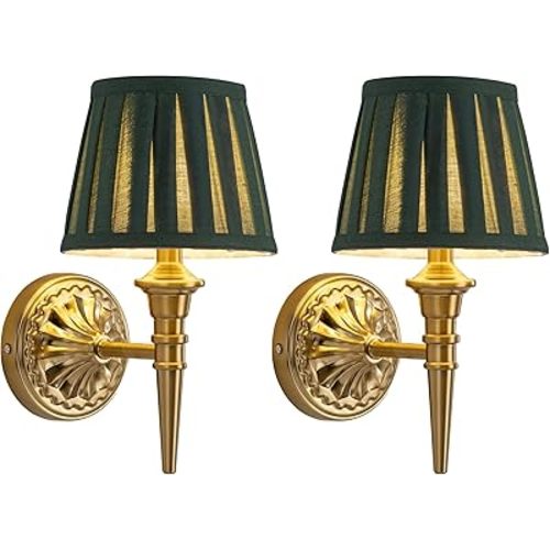 KDG Cordless Gold Wall Sconces Set of 2, Green Fabric Lampshde Wall Lamps