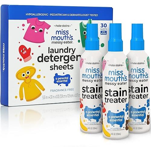 Miss Mouth’s Messy Eater Stain Treater Stain & Suds Duo Pack - 3 Pack Spray and 30 Pack Detergent Sheet bundle - Newborn & Baby Essentials - Food, Grease, Coffee Off Laundry, Underwear, Fabric