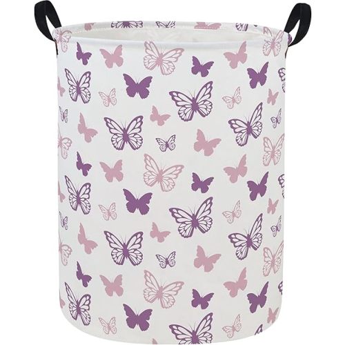 ESSME Butterfly Laundry Basket,Kids Hamper Collapsible Canvas Waterproof Storage Bin for Girls, Nursery Hamper,Gift Baskets,toy bins(Purple Butterfly)