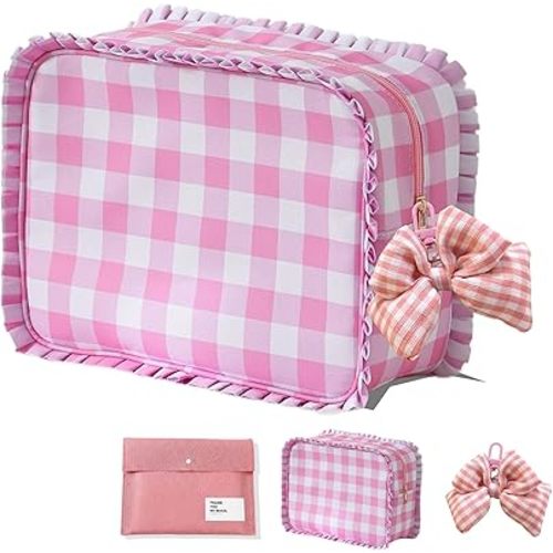 Gingham Ruffle Makeup Bag with Bow Charm, Large 11.8" Cosmetic Organizer for Women, Cute Travel Toiletry Bag, Pink Ruffled Pouch for Girls, Coquette Valentine's Day Gifts