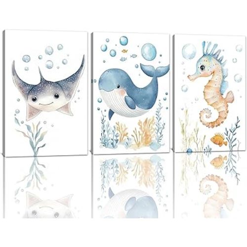 Ocean Nursery Wall Decor Nursery Sea Animal Canvas Wall Art Sea Life Pictures Prints Cute Animal Paintings for Boys Room Kids Room Bathroom Decor Framed(Cute-1,11L x 14W x 3Pcs)