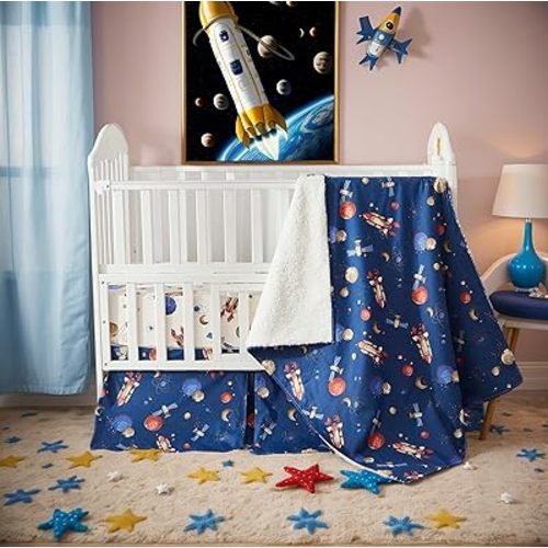 Brandream Crib Bedding Sets for Boys 100% Cotton Baby Nursery Bedding Outer Space Cosmic Rocket Milky Way Spaceship Galaxy Outerspace Adventures Theme, Blue White 6 Pieces