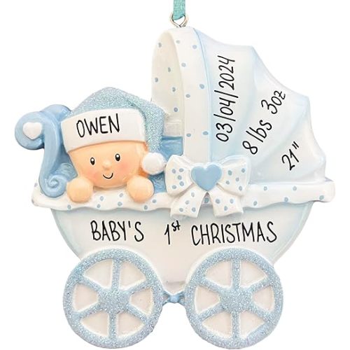 Personalized Baby's First Christmas Ornament 2025 | Baby Boy Carriage Xmas Tree Decoration Blue Stroller | My 1st Xmas Keepsake for New Baby Newborn Grandbaby - Custom Name & Year