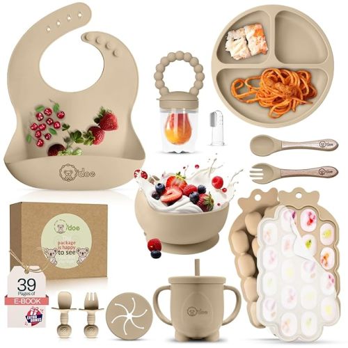 O'doe Baby Weaning Set – 15 Pcs Silicone Baby Feeding Set with Suction Plate, Bowl, Bib, Sippy Cup, Fruit Feeder, Freezer Tray