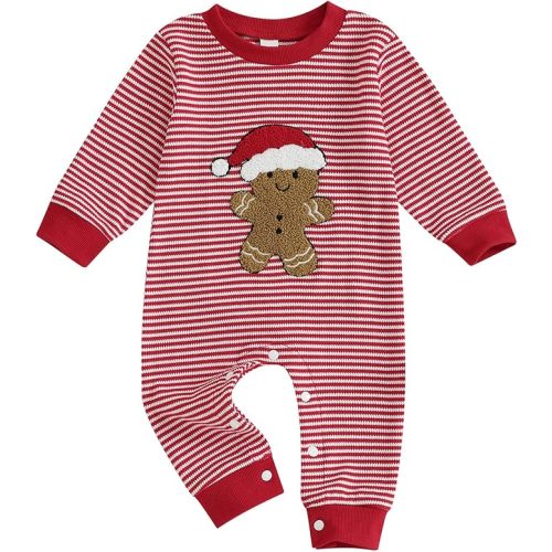 Sasaerucure Newborn Infant Baby Boy Christmas Outfit Embroidered Gingerbread Romper Red Striped Onesie Long Sleeve Jumpsuit