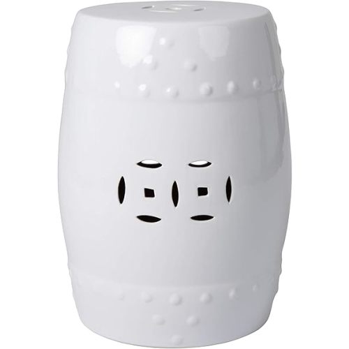 Balkene Home 63612 Double Medallion Ceramic Indoor Outdoor Garden Stool Table Perfect As Plant Pedestals, Side Tables or Flexible Seating Constructed of Fired Porcelain Ceramic - Optic White