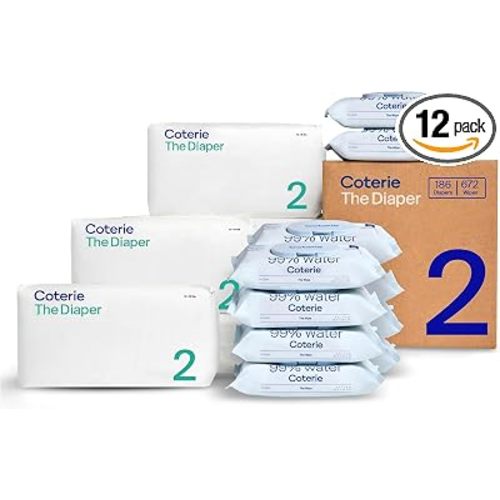 Coterie Baby Wipes + Diapers Kit, Size 2 Diapers, 12-Pack Wipes | Includes Size 2 diapers (186 ct), 12 pk (672 ct) wipes, 99% water, plant based, hypoallergenic for sensitive skin