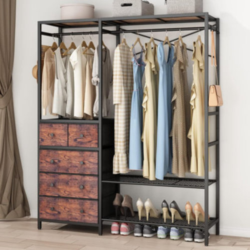 17 Stories Jalmer Clothes Rack with 5 Drawer & 4 Storage Shelf, 59"W*71"H Heavy Duty Clothing Rack with 2 Hanging Rod & Reviews | Wayfair