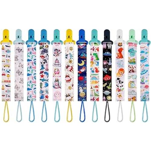 12 Pack Pacifier Clips with Adjustable Strap (32-46.5cm)/Short Strap(25.5cm) - Premium Polyester Baby Pacifier Holder Set, Multi-Design Clips for Boys Girls (Multicolor H 26cm)