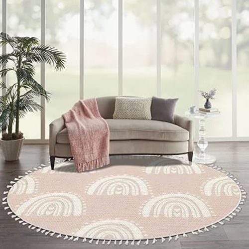 Round Boho Rug Kids Hand Drawn Seamless with Pink Pastel Rainbows Summer for Baby Area Rug Linen Rug Carpet Patio Rug Hallway Runner Rug Mat Pad Minimalist Home Decor for Living Room Outdoor 6ft