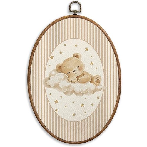 SONMYSULIL Bear Nursery Wall Art Decor, Kids Room Oval Wall Hanging Decor, Cute Sleepy Bear Striped Framed Canvas Prints for Kids Toddler Boy Girl Nursery Room Bedroom Playroom, 8.6x11.4 Inch