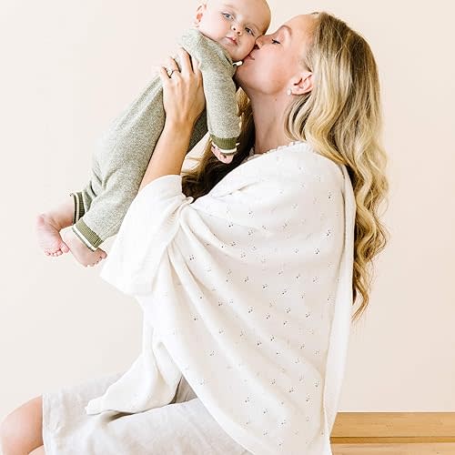 Makemake Organics Pointelle Knit Baby Blanket – GOTS Certified Organic Cotton, Swaddle, Receiving & Stroller Blanket for Newborn Infant Toddler, Ivory, 30x40