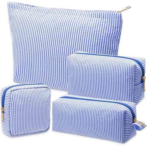 Sanwuta 4 Pcs Seersucker Pouch Striped Makeup Bag Set,Dark Blue