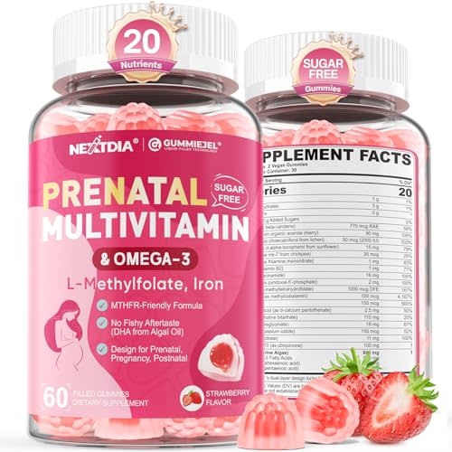 Prenatal Vitamins for Women Gummies, Methylfolate 1mg, Vegan Omega 3 DHA | with Iron, Choline, Iodine, Vitamin D3 B6 B12 - Multivitamin for Women Before, During & After Pregnancy, Sugar Free, 60 Count