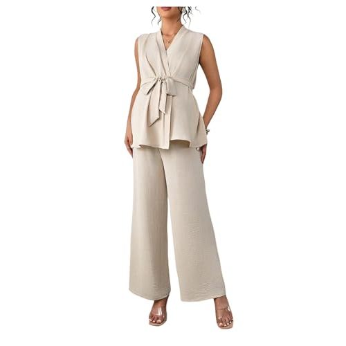 MakeMeChic Women's Maternity Clothes 2 Piece Sets Wrap V Neck Sleeveless Tops Pants Business Casual Outfits