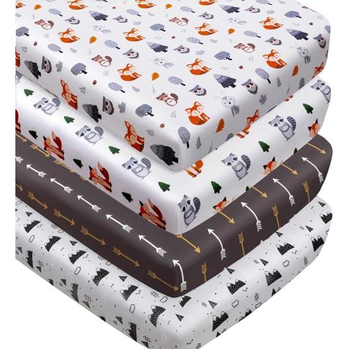 4 Pack Woodland Forest Animals Wood Neutral Unisex Fitted Baby Crib Sheets Set for Baby Boys or Girls Fox