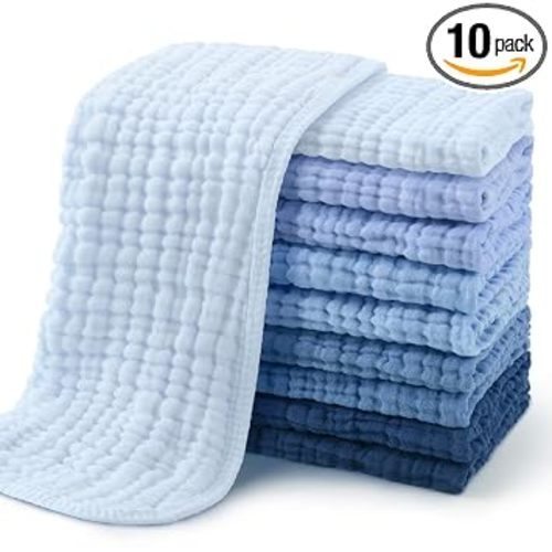 Yoofoss Muslin Burp Cloths for Baby 10 Pack 100% Cotton Baby Washcloths for Boys Girls Large 20''X10'' Super Soft and Absorbent Progressive Blue