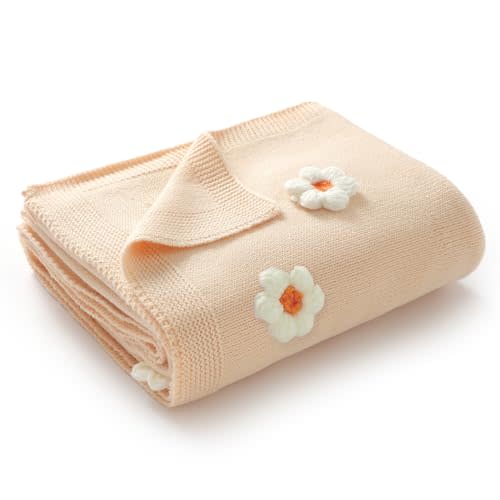DovFanny Cotton Baby Blanket Soft Knitted Infant Swaddle Receving Crib Blanket with Cute Handmade Flowers