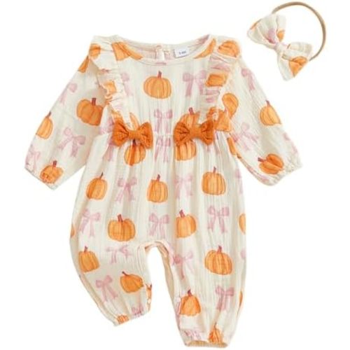 Infant Baby Girl Halloween Outfit Cotton Linen Pumpkin Bubble Jumpsuit Romper Ruffle Sleeve Long Overalls with Bow