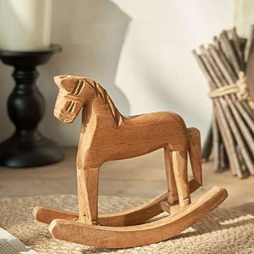 Handmade Wooden Rocking Horse Figurine, Rocking Horse Decor, Kinetic Desk Decor 6.3" Tall, Nursery Shelf & Office Decor with White Ribbon, Housewarming Gift