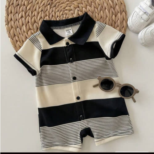 Newborn Baby Boy Summer Cute Knit Striped Short Sleeve Romper, Suitable For Birthday Party, Evening Party, Performance, Wedding, One-Month, Christening And 1st Birthday Celebration, Baby Shower | SHEIN USA