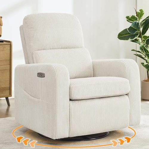 Swivel Rocker Recliner, Oversized Manual Nursery Glider Rocking Recliner Chair with Removable Cushion, Upholstered Swivel Reclining Chair for Nursery Living Room Bedroom, Corduroy White