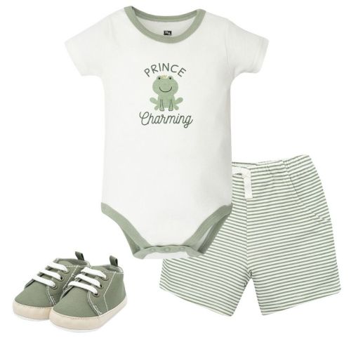 Hudson Baby Boy Cotton Bodysuit, Shorts and Shoe Set, Prince Frog, 6-9 Months