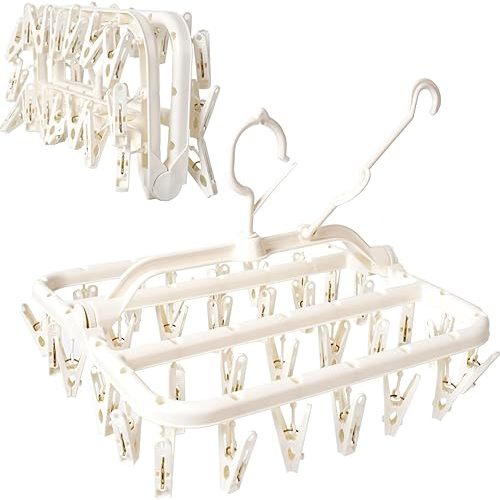 Foldable Clothes Drying Rack with 32 Drying Clips Wind-Proof Hook Underwear Hanger Plastic Laundry Clip for Socks Bras (White)